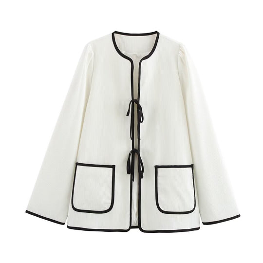 Damen gemütliche und stilvolle Jacke mit praktischen Taschen und Bindegürtel R&B