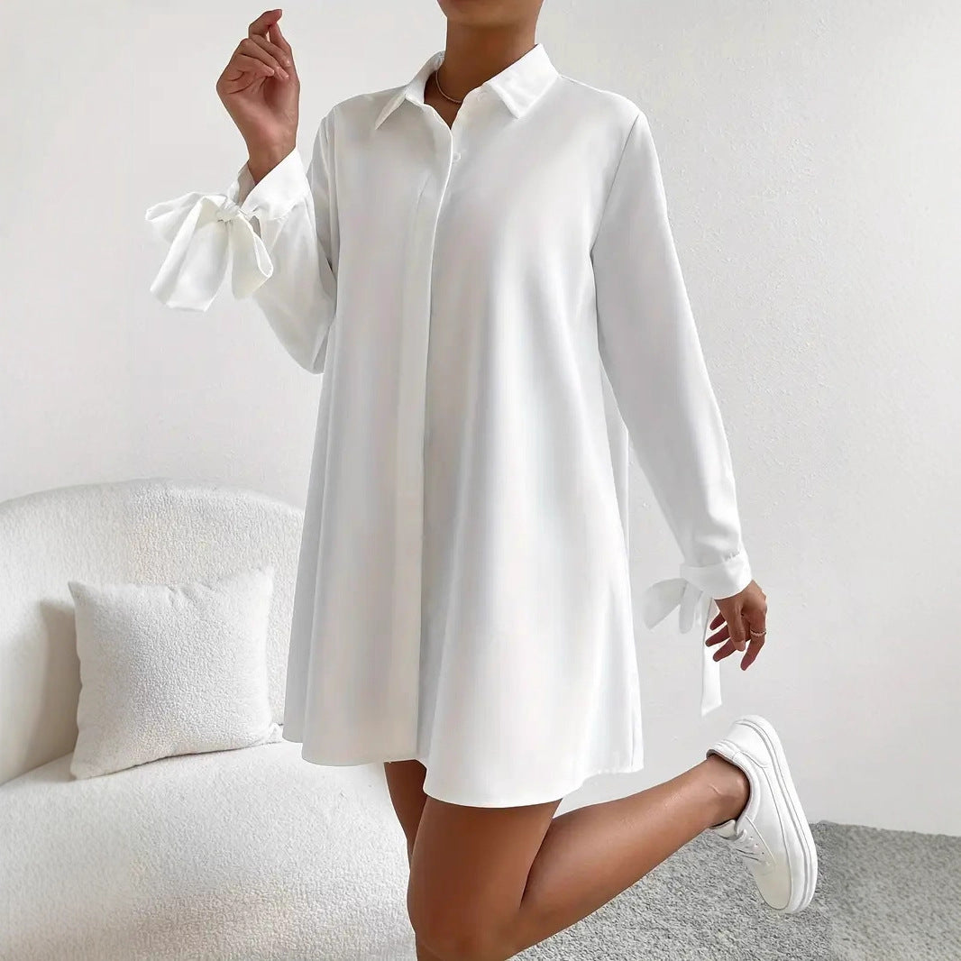 Damen Hemdblusenkleid mit eleganten Bändern an den Ärmeln R&B