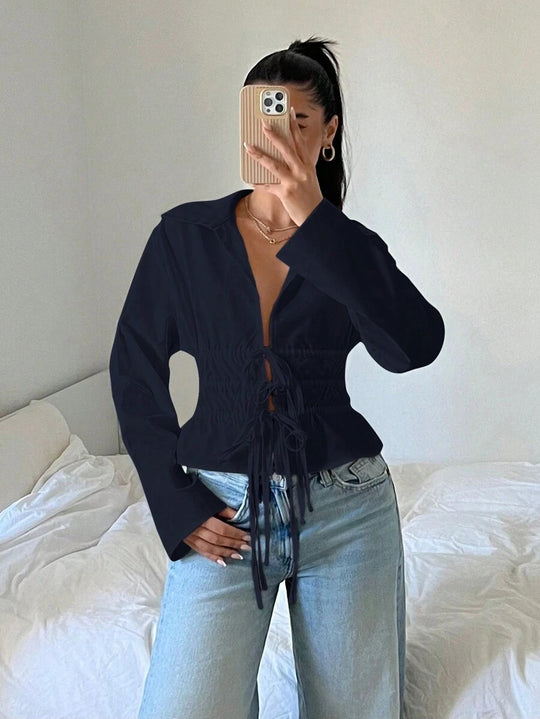 Damen zip-up Bluse mit Raffung und langen Ärmeln R&B