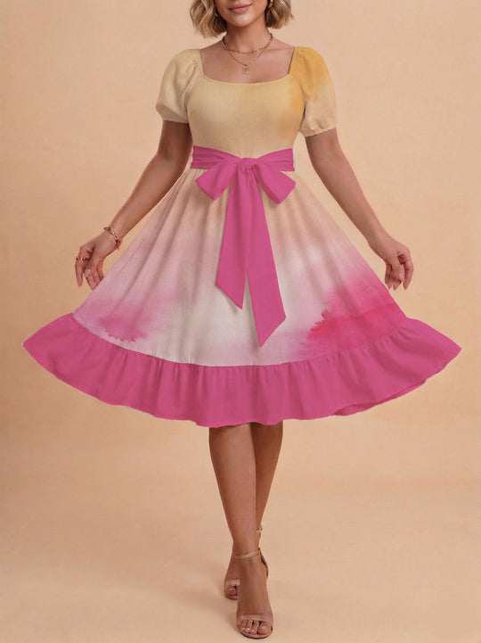 Damen Retro Maxikleid mit Puffärmeln und Taillengürtel R&B