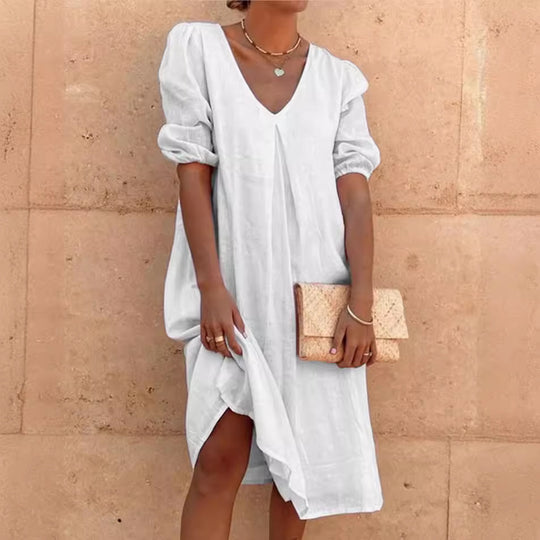 Damen lässiges Leinenkleid mit V-Ausschnitt und Puffärmeln R&B