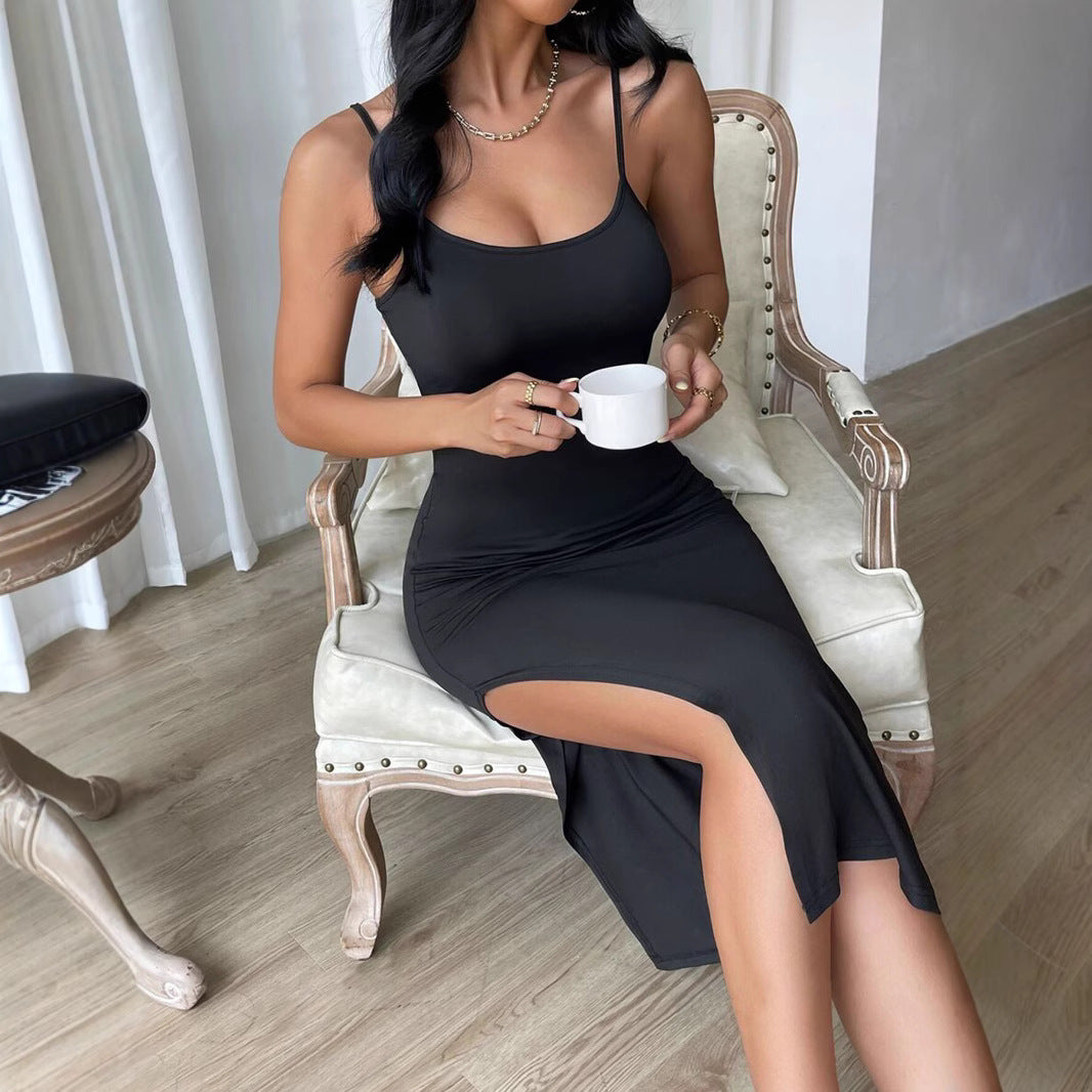 Damen figurbetontes Maxi-Kleid mit schmalen Spaghettiträgern und seitlichem Schlitz R&B