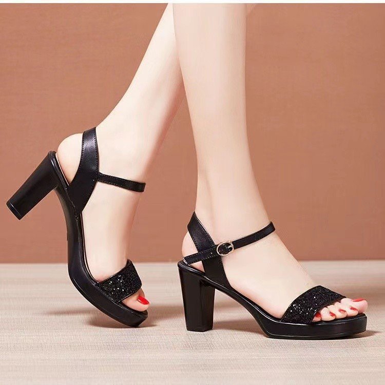 Damen nan Glitzer-Zehenschlaufen-Sandalette mit Plateaueffekt und stabilem Blockabsatz R&B