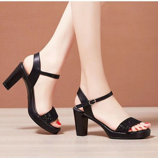 Damen nan Glitzer-Zehenschlaufen-Sandalette mit Plateaueffekt und stabilem Blockabsatz R&B