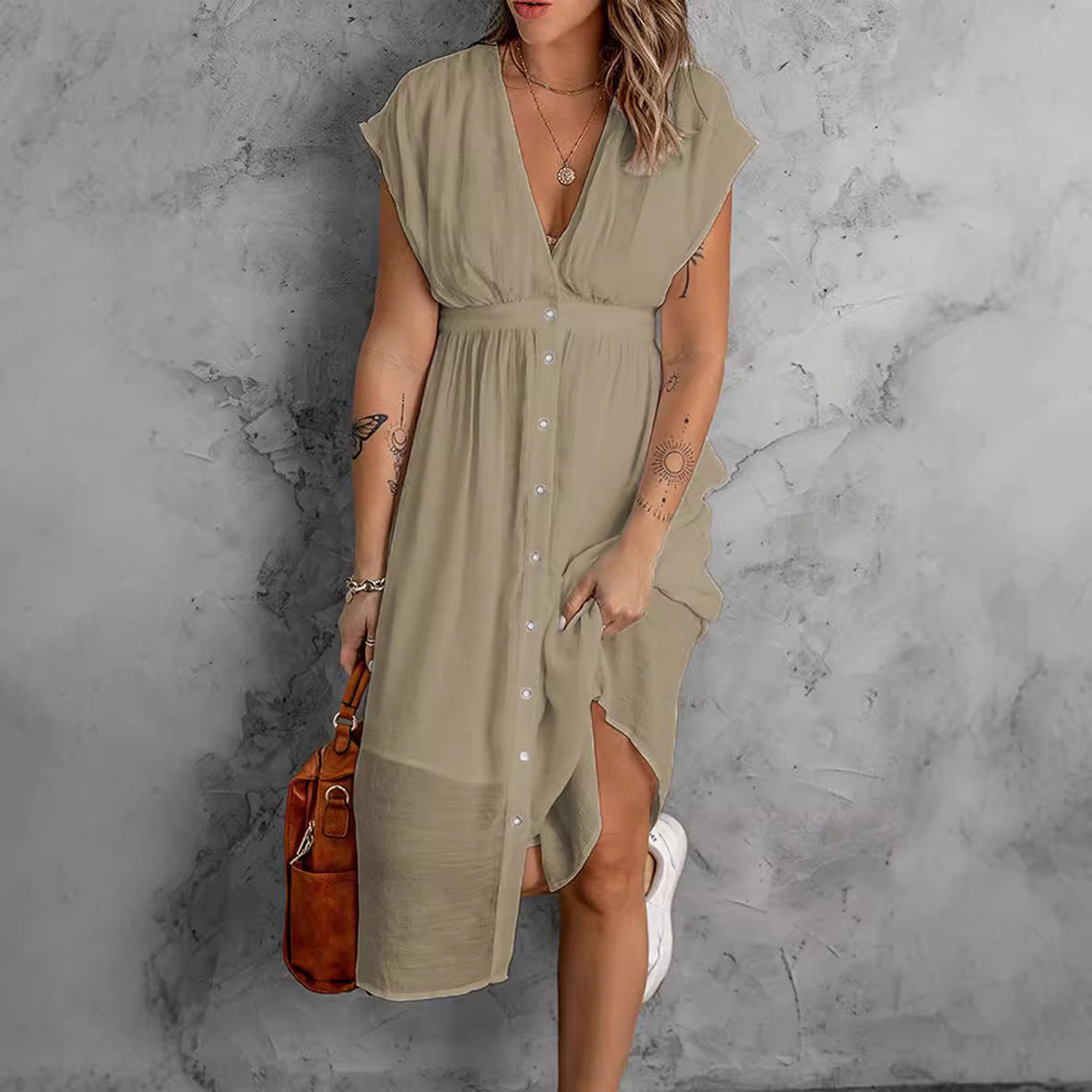 Damen luftiges lässiges Hemdkleid mit Knopfdetails und fließendem Schnitt R&B