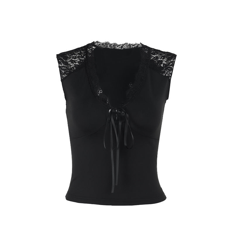 Damen Top mit Spitzenbesatz und raffiniertem Bindedetail R&B
