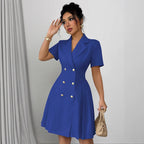 Damen elegantes A-Linien Kleid mit doppelter Knopfleiste und plissiertem Rock R&B