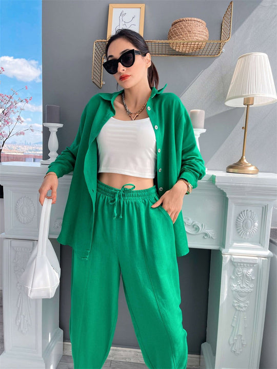 Damen lässiges Freizeit-Set mit übergroßem Hemd und weiten Hosen R&B