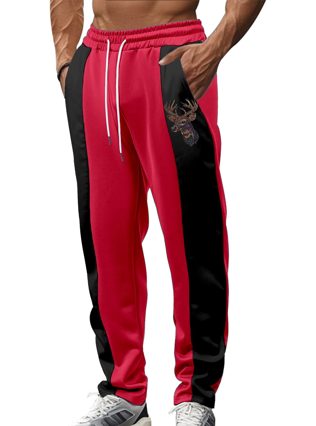 Herren nan sportive Trackpants mit seitlichen Kontrastbahnen elastischem Bund Kordelzug und Hirschstickerei R&B