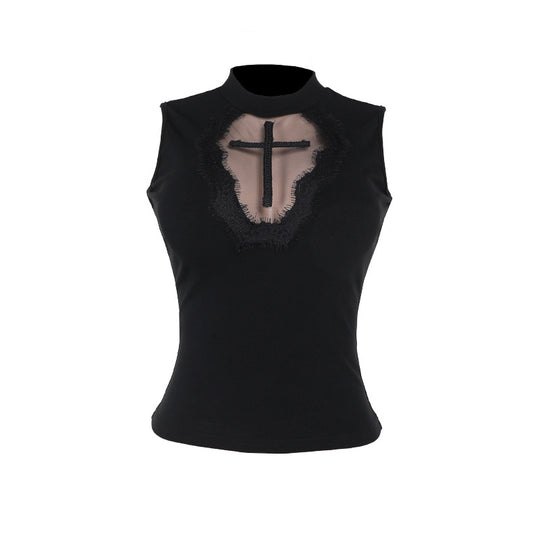 Damen elegantes Oberteil mit transparenten Einsätzen und hohem Kragen R&B