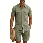 Herren nan sommerliches Freizeitset aus Baumwoll-Leinenmix mit Kurzarm-Hemd und Cargo-Shorts R&B