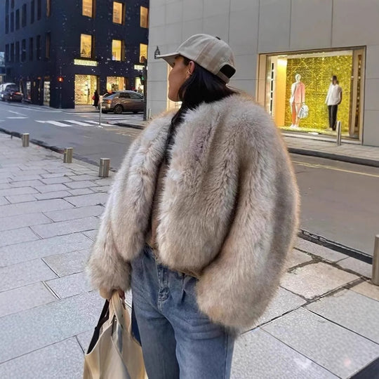 Damen Plüschige Kurzjacke mit tiefem V-Ausschnitt R&B