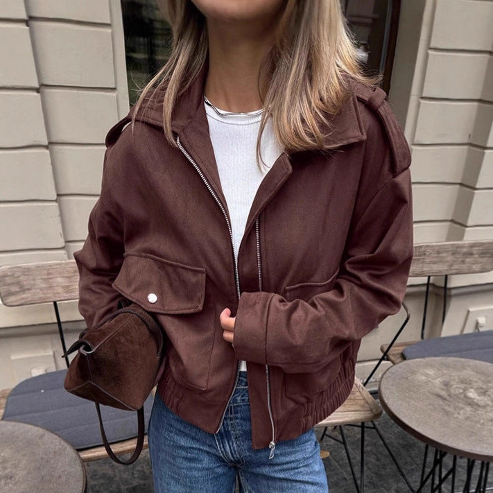 Damen Modische Suede Bomberjacke mit praktischen Taschen und Reißverschluss R&B