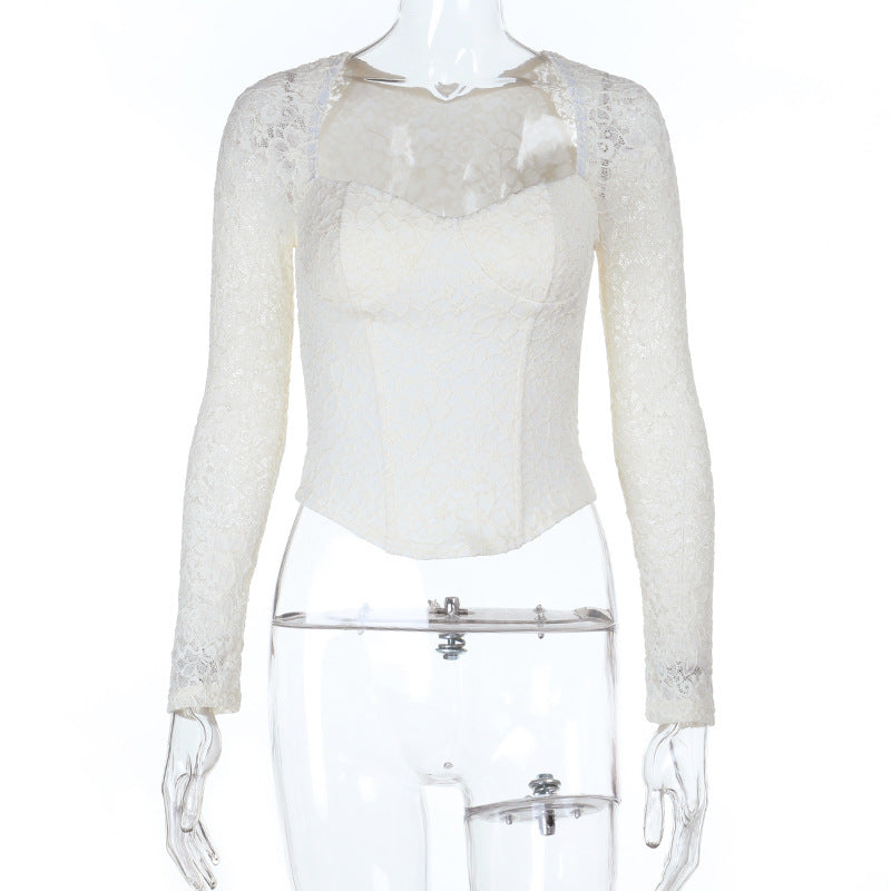 Damen elegante Spitzenbluse mit langem Arm und tailliertem Schnitt R&B