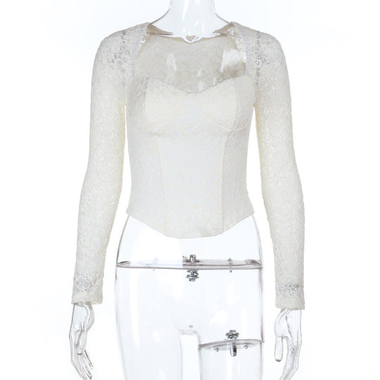 Damen elegante Spitzenbluse mit langem Arm und tailliertem Schnitt R&B
