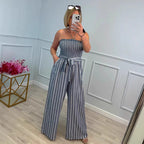 Damen Eleganter Jumpsuit mit gestreiftem Design und Gürtel R&B