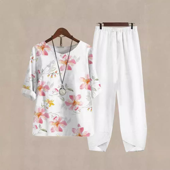 Damen Freizeit Oberteil mit floralem Muster und bequemer Hose R&B