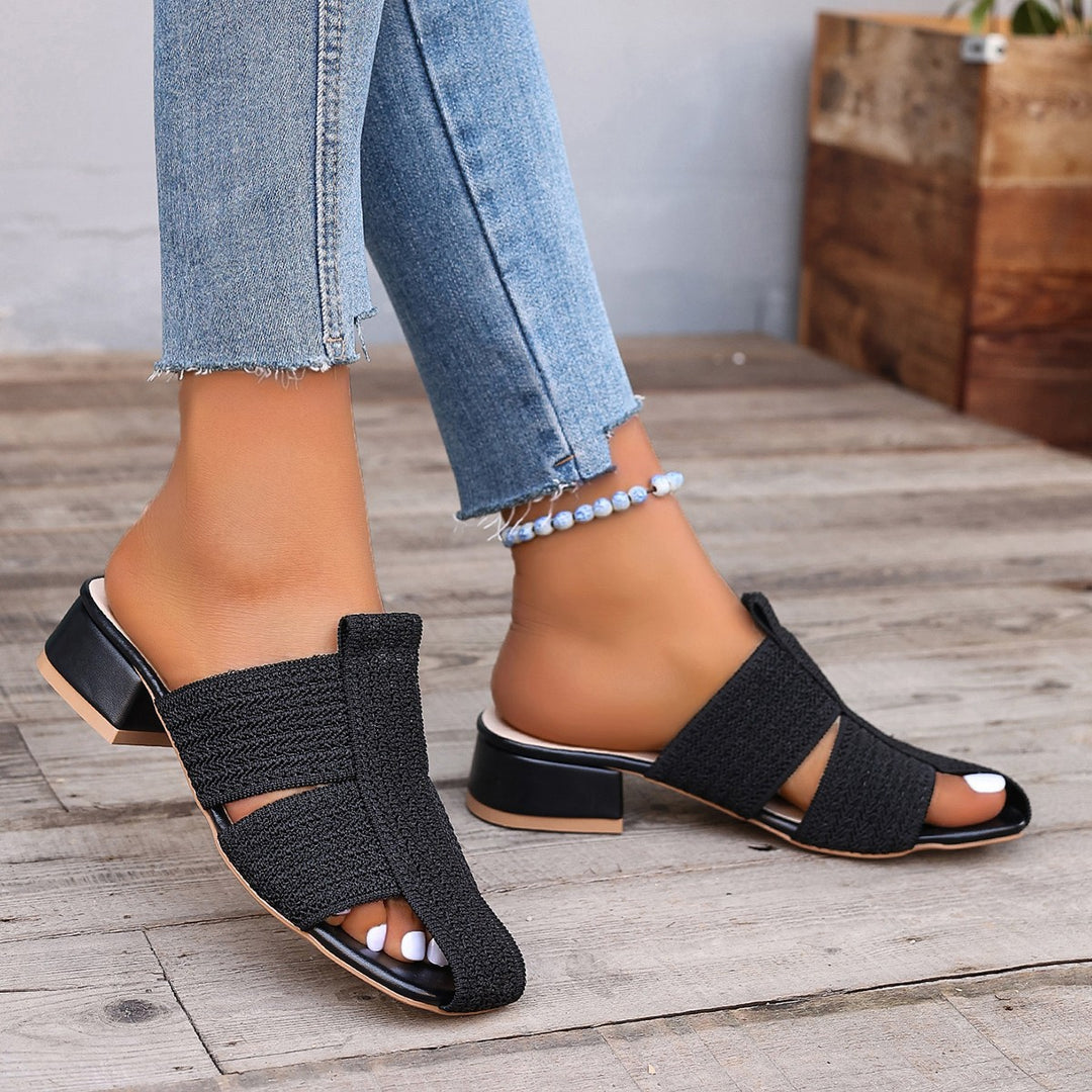 Damen offene Mules mit Blockabsatz und verzierten Riemen R&B