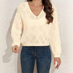 Damen V-Ausschnitt Grobstrickpullover mit filigranem Lochmuster R&B