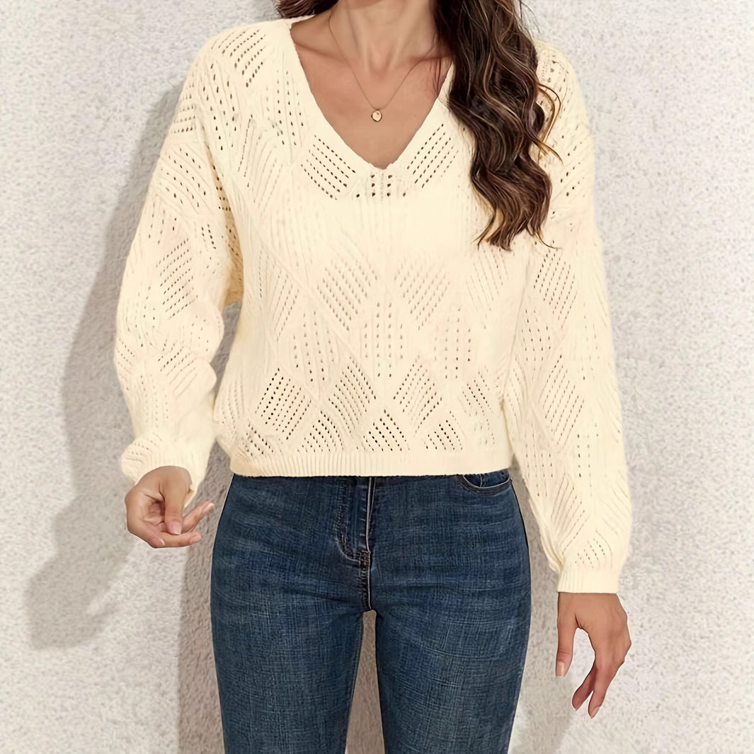 Damen V-Ausschnitt Grobstrickpullover mit filigranem Lochmuster R&B