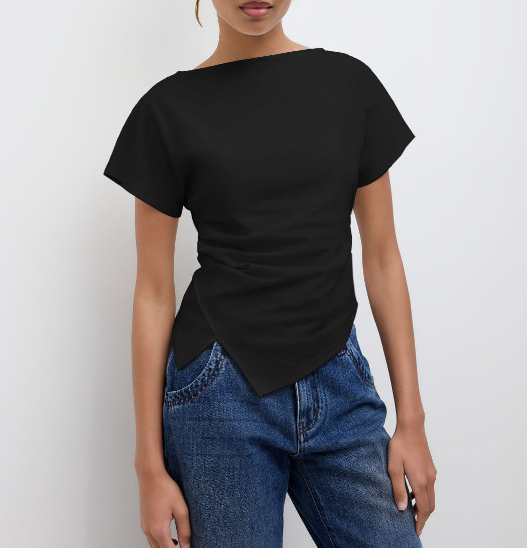 Damen Cropped T-Shirt mit asymmetrischem Schnitt und dekorativem Drapierungseffekt R&B