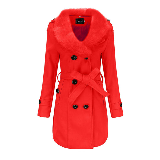 Damen Eleganter Trenchcoat mit abnehmbarem Fellkragen R&B
