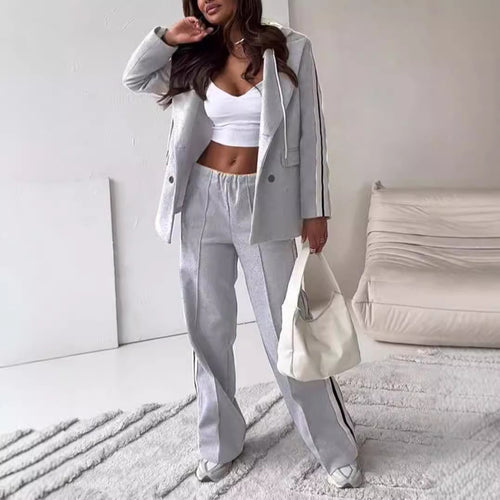 Damen nan sportlich-elegantes Blazer-Zweiteiler mit Kapuzenblazer und weiter Trainingshose mit seitlichem Streifen R&B