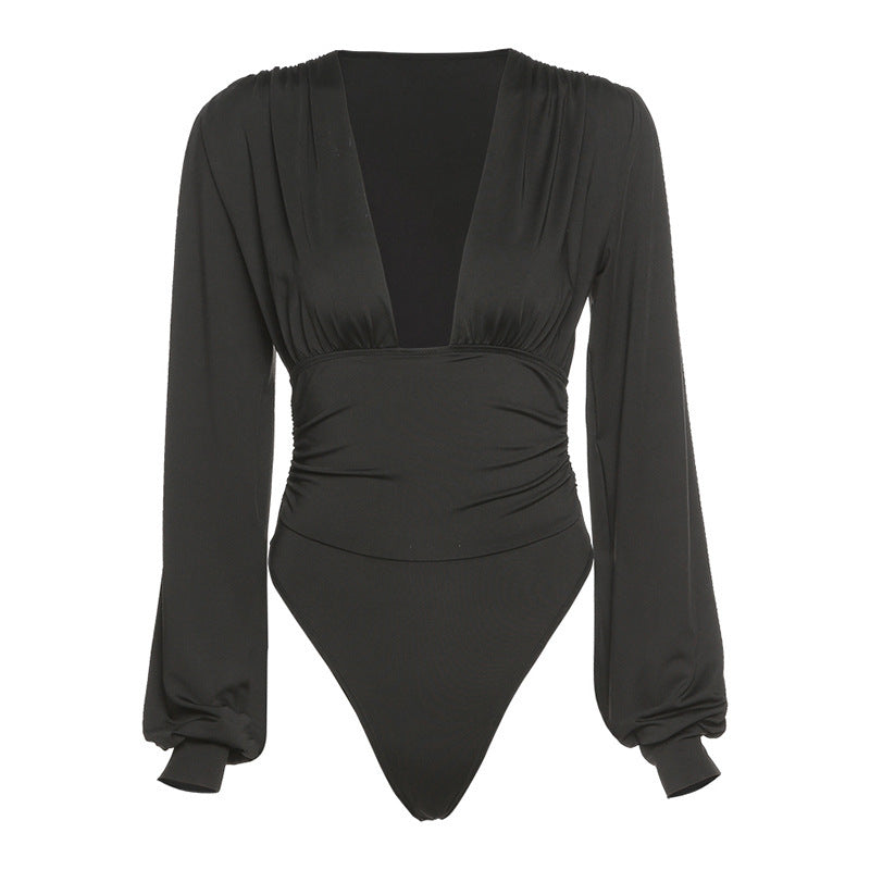 Damen Eleganter Langarm-Bodysuit mit V-Ausschnitt R&B