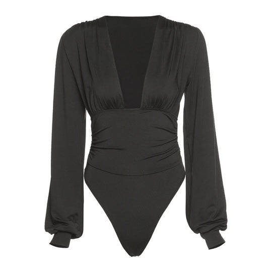 Damen Eleganter Langarm-Bodysuit mit V-Ausschnitt R&B