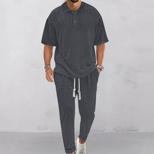 Herren nan Jacquard-Loungewear-Set mit Polokragen Kordelzugbund und konisch geschnittener Jogginghose R&B