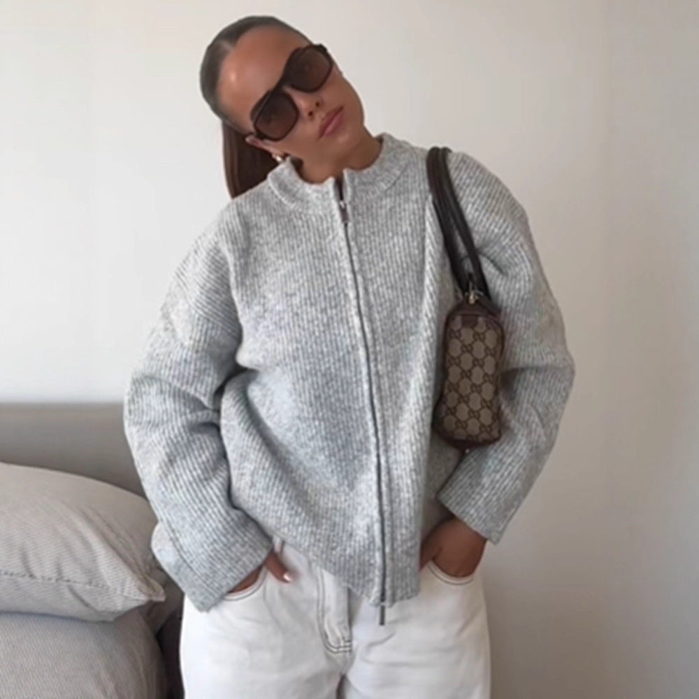 Damen kuschelige Strickjacke mit hohem Kragen und Reißverschluss R&B