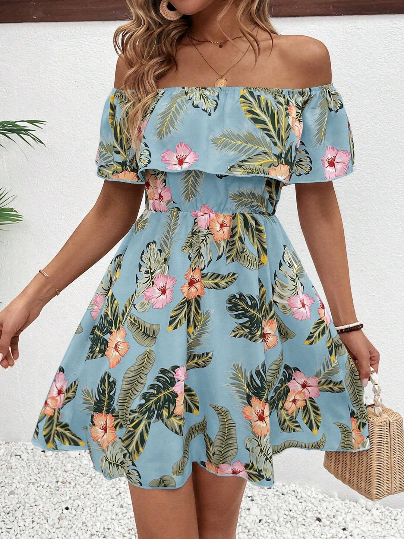 Damen Off-Shoulder Kleid mit floralem Muster und elastischem Taillenzug R&B
