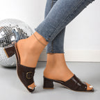 Damen offene Mules mit eleganter Schnallenverzierung und komfortablem Blockabsatz R&B
