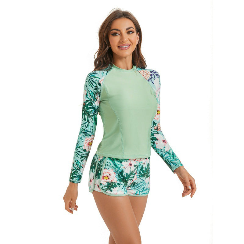 Damen Surfanzug-Set mit langärmeliger Oberteil und modischem Blumenmuster R&B