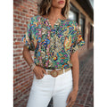 Damen Kurzarm Bluse mit buntem Druck und V-Ausschnitt R&B