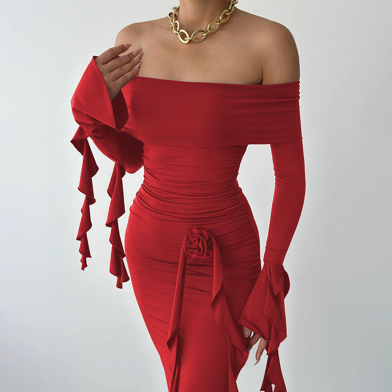 Damen Elegantes Off-Shoulder Maxikleid mit Rüschendetails und figurbetonter Silhouette R&B
