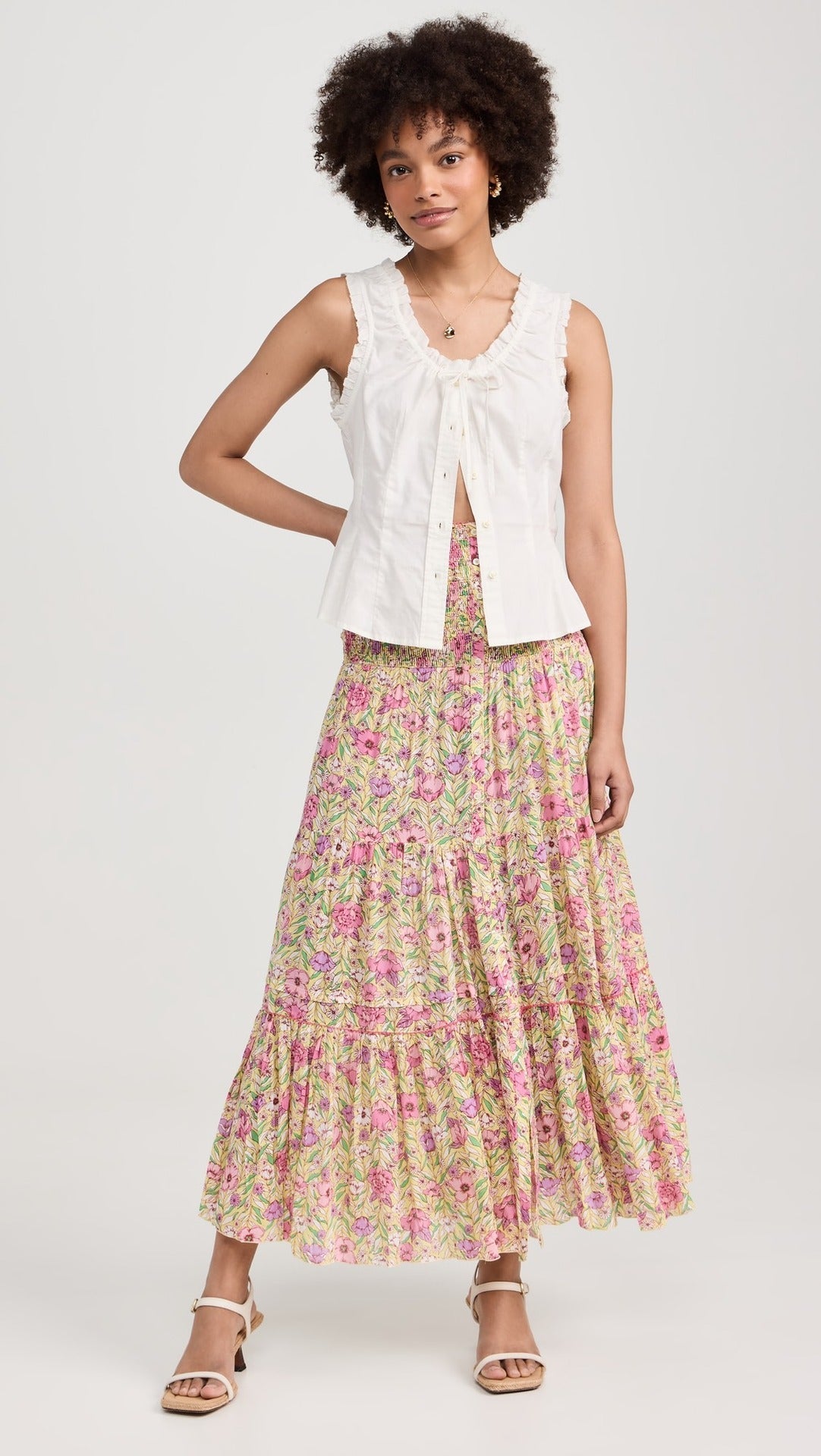 Damen Maxikleid mit floralem Rüschendesign und elastischem Oberteil R&B