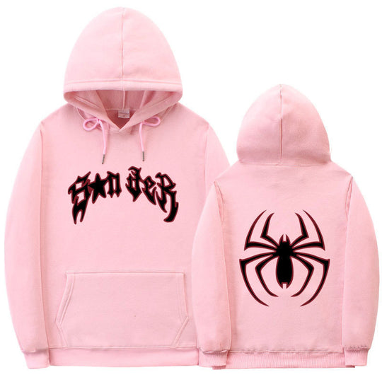 Damen Kapuzenpullover mit auffälligem Spinnenmotiv und grobem Schriftzug R&B