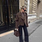 Damen elegante und vielseitige Wolljacke mit doppelter Knopfleiste und breitem Kragen R&B