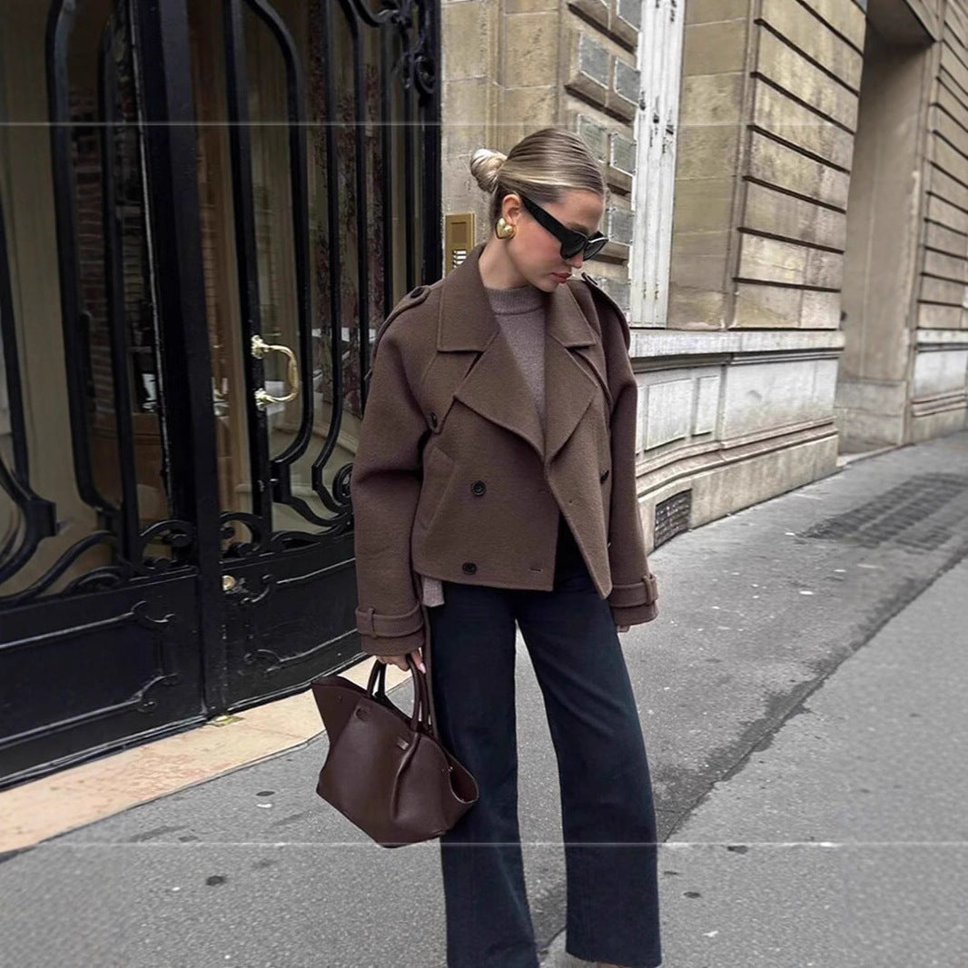 Damen elegante und vielseitige Wolljacke mit doppelter Knopfleiste und breitem Kragen R&B