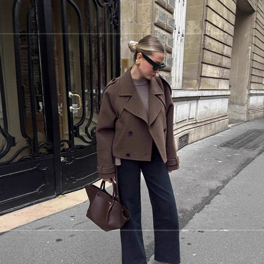 Damen elegante und vielseitige Wolljacke mit doppelter Knopfleiste und breitem Kragen R&B