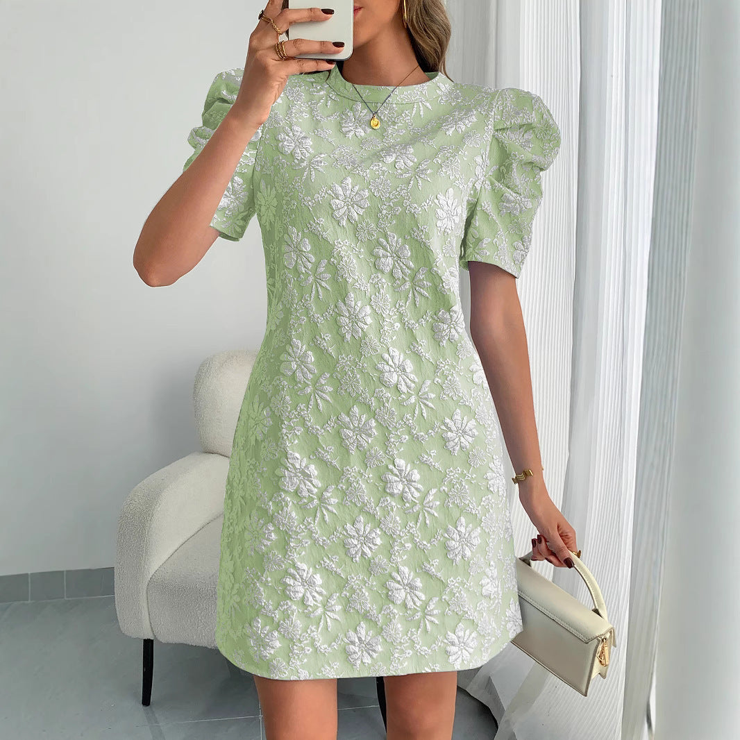 Damen Mini-Kleid mit Puffärmeln und floralem Stickdesign R&B