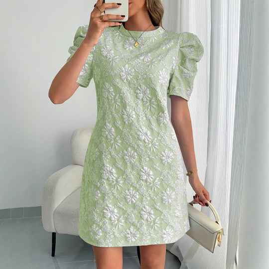 Damen Mini-Kleid mit Puffärmeln und floralem Stickdesign R&B