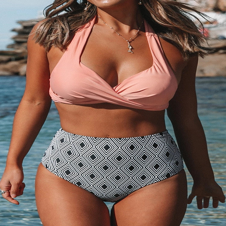 Damen High-Waist Bikini-Set mit elegantem Wickeldesign und modischem geometrischem Muster R&B