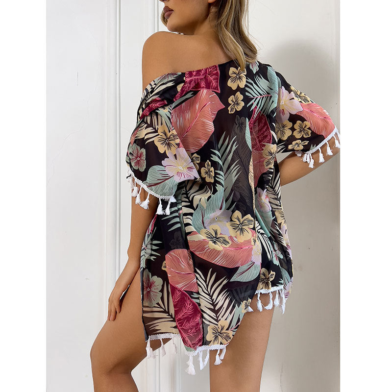 Damen Strandmode Set mit floralem Kimono und passendem Bikini R&B