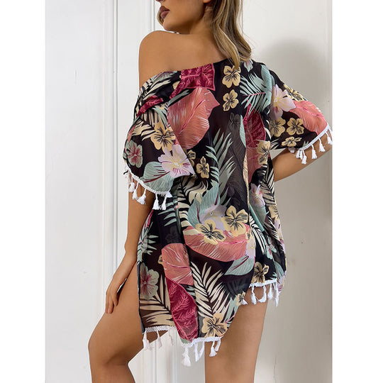Damen Strandmode Set mit floralem Kimono und passendem Bikini R&B