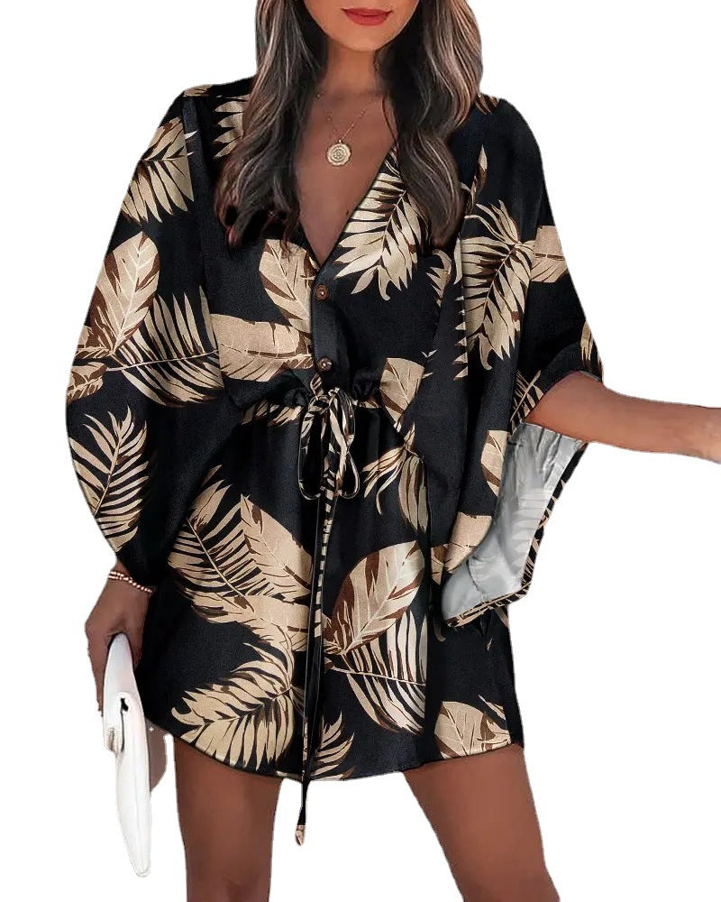 Damen angehendes Strandkleid mit eleganter Taillenbindung und einzigartigem Muster R&B