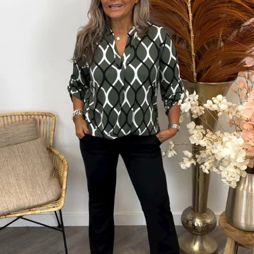 Damen Bluse mit modischem graphischem Muster und praktischen Seitentaschen Heidi-Mode