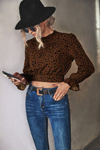 Damen Stehkragen-Blusenshirt mit Volantärmeln und Leopardenmuster R&B
