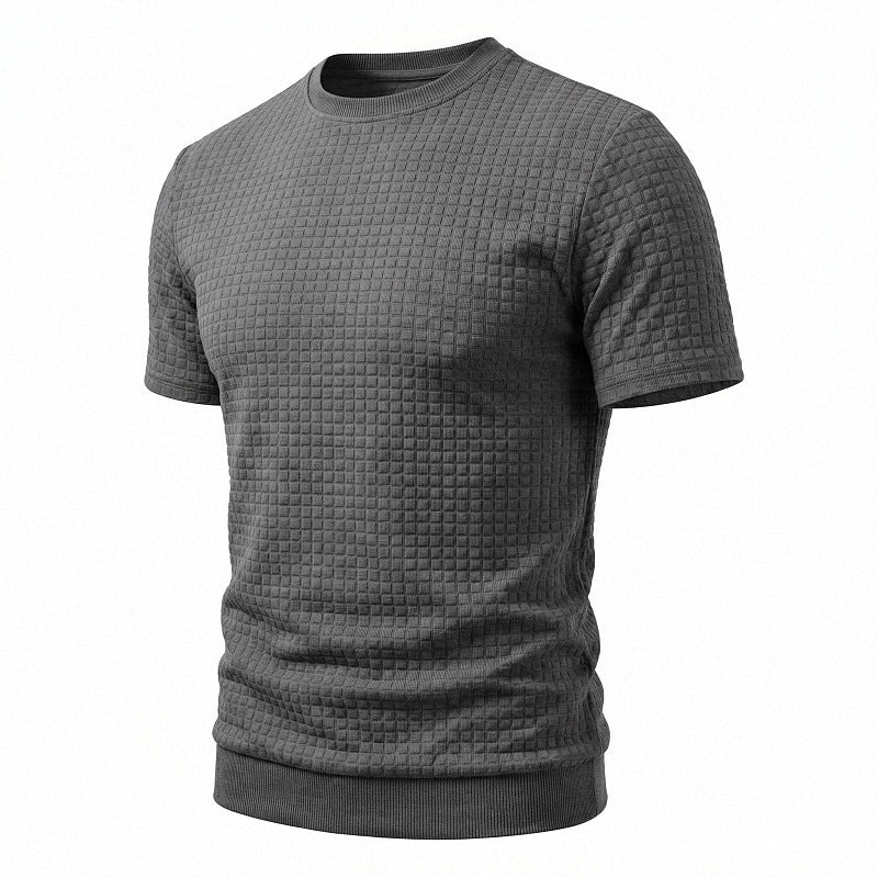Herren nan kurzärmeliges Strickshirt mit geprägter Karostruktur, Rundhalsausschnitt und geripptem Saum R&B